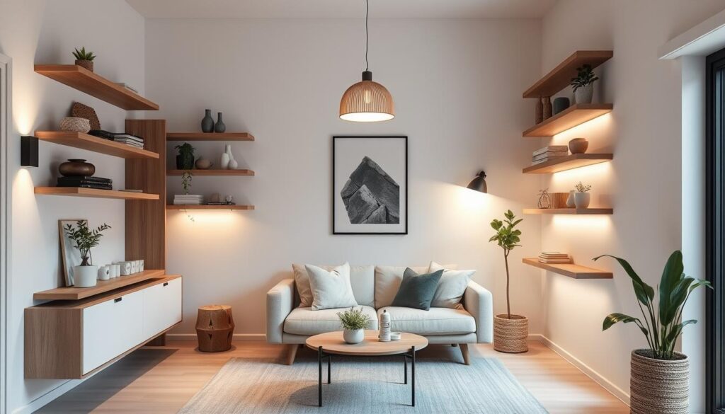 A modern and minimalist small living room with creative vertical storage solutions. Sleek floating shelves line the walls, displaying decorative objects and plants to maximize the limited floor space. Soft, diffused lighting from discreet sconces and a pendant lamp casts a warm, cozy glow. The room is furnished with a compact, low-profile sofa and a small, multifunctional coffee table. Neutral tones and natural materials like wood and stone create a serene, Scandinavian-inspired ambiance, complemented by clean lines and a sense of balance and harmony throughout the space. A modern and minimalist small living room with creative vertical storage solutions. Sleek floating shelves line the walls, displaying decorative objects and plants to maximize the limited floor space. Soft, diffused lighting from discreet sconces and a pendant lamp casts a warm, cozy glow. The room is furnished with a compact, low-profile sofa and a small, multifunctional coffee table. Neutral tones and natural materials like wood and stone create a serene, Scandinavian-inspired ambiance, complemented by clean lines and a sense of balance and harmony throughout the space.
