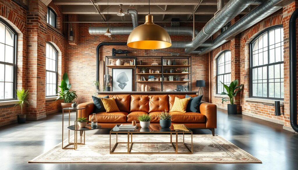 A modern industrial-chic living room with exposed brick walls, polished concrete floors, and large windows that flood the space with natural light. In the foreground, a mid-century inspired sofa in rich leather upholstery sits atop a vintage patterned rug. Sleek metal and glass coffee tables add an urban edge, while a mix of potted plants and minimalist artwork adorn the room. The middle ground features an oversized pendant light fixture with a brass finish, casting a warm glow over the space. In the background, a mix of open shelving, exposed ductwork, and steel accents create an edgy, loft-like ambiance. A modern industrial-chic living room with exposed brick walls, polished concrete floors, and large windows that flood the space with natural light. In the foreground, a mid-century inspired sofa in rich leather upholstery sits atop a vintage patterned rug. Sleek metal and glass coffee tables add an urban edge, while a mix of potted plants and minimalist artwork adorn the room. The middle ground features an oversized pendant light fixture with a brass finish, casting a warm glow over the space. In the background, a mix of open shelving, exposed ductwork, and steel accents create an edgy, loft-like ambiance.