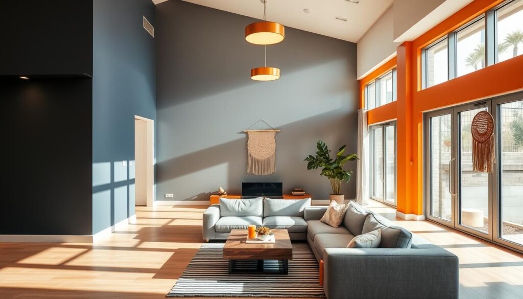 A modern living room with a bold, contrasting color scheme. Sunlit room with a deep, moody navy blue wall on the left, and a vibrant, saturated orange wall on the right. Sleek, minimalist furniture in neutral tones, including a plush gray sofa and a wooden coffee table. Warm, golden overhead lighting casts a cozy glow throughout the space. Large windows flood the room with natural light, creating a bright and airy atmosphere. Subtle textures and patterns, such as a striped rug and a woven wall hanging, add visual interest. The overall vibe is sophisticated, yet inviting and stylish.