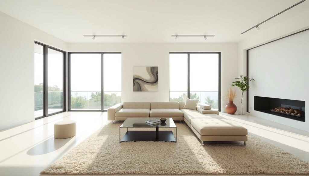 A modern, minimalist living room bathed in soft, natural light. The focal point is a clean-lined, L-shaped sofa in a neutral tone, complemented by a sleek, glass-topped coffee table. The walls are painted in a calming shade of off-white, punctuated by a single, abstract artwork. Floor-to-ceiling windows allow the outdoors to seamlessly blend with the interior, creating a sense of open, airy tranquility. Minimalist lighting fixtures cast a warm, diffused glow, while a plush, textured rug grounds the space. The overall atmosphere is one of sophistication and serenity, inviting relaxation and contemplation. A modern, minimalist living room bathed in soft, natural light. The focal point is a clean-lined, L-shaped sofa in a neutral tone, complemented by a sleek, glass-topped coffee table. The walls are painted in a calming shade of off-white, punctuated by a single, abstract artwork. Floor-to-ceiling windows allow the outdoors to seamlessly blend with the interior, creating a sense of open, airy tranquility. Minimalist lighting fixtures cast a warm, diffused glow, while a plush, textured rug grounds the space. The overall atmosphere is one of sophistication and serenity, inviting relaxation and contemplation.