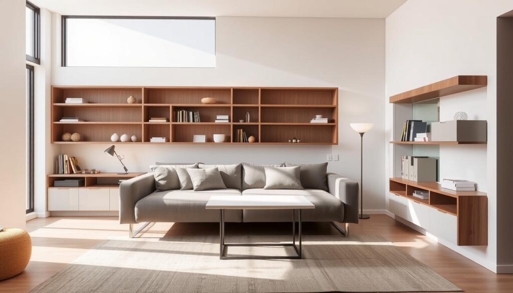 A modern, minimalist living room with built-in, space-saving furniture solutions. A sleek, multi-functional sofa bed takes center stage, with hidden storage compartments and a fold-out dining table. Floating shelves line the walls, displaying decorative items and holding compact, modular storage units. The room is bathed in soft, natural light from large windows, creating an airy, open atmosphere. Subtle, warm-toned accents complement the muted color palette, while the clean, uncluttered design maximizes the available space. A sense of functionality and efficient use of limited square footage permeates the scene. A modern, minimalist living room with built-in, space-saving furniture solutions. A sleek, multi-functional sofa bed takes center stage, with hidden storage compartments and a fold-out dining table. Floating shelves line the walls, displaying decorative items and holding compact, modular storage units. The room is bathed in soft, natural light from large windows, creating an airy, open atmosphere. Subtle, warm-toned accents complement the muted color palette, while the clean, uncluttered design maximizes the available space. A sense of functionality and efficient use of limited square footage permeates the scene.