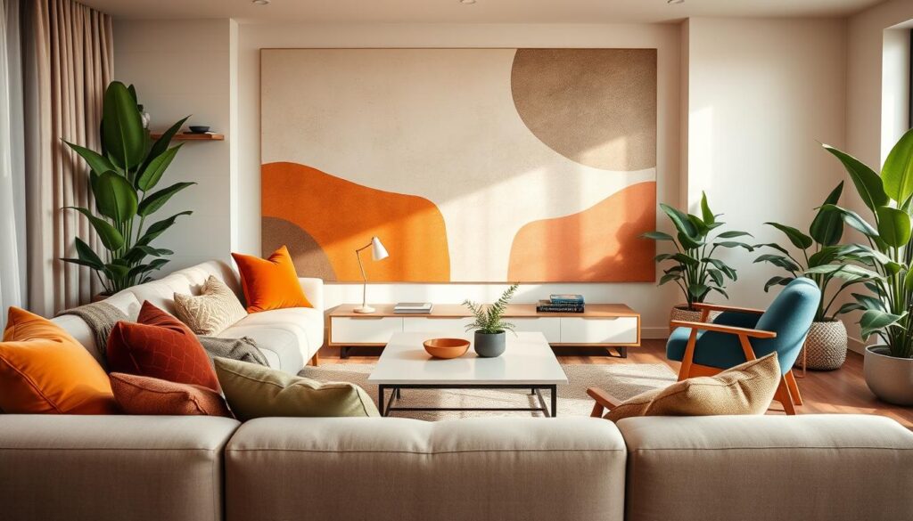 A modern, sophisticated living room with a harmonious color palette reflecting the 2024 design trends. The space is bathed in warm, diffused lighting, creating a cozy and inviting atmosphere. In the foreground, a plush, neutral-toned sofa is accentuated by vibrant accent pillows in earthy tones of terracotta, ochre, and sage green. In the middle ground, a sleek, minimalist coffee table is flanked by mid-century inspired armchairs in muted shades of blue and gray. The background features a feature wall with a bold, abstract mural in a harmonious blend of muted tones, complementing the overall color scheme. Lush, verdant plants in the corners add a touch of nature, while the overall composition exudes a sense of warmth, balance, and timeless elegance.