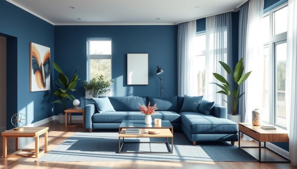 A modern, well-appointed blue living room with clean lines and minimalist decor. Bright, natural light floods the space through large windows, casting a soft, ambient glow. The focal point is a plush, deep blue sofa positioned in the center, accented by sleek, low-profile coffee tables and end tables in light wood tones. Artistic wall decor, such as abstract paintings or metal sculptures, add visual interest to the room. Lush, potted plants and sheer curtains lend a touch of organic elegance. The overall atmosphere is serene, sophisticated, and conducive to relaxation. A modern, well-appointed blue living room with clean lines and minimalist decor. Bright, natural light floods the space through large windows, casting a soft, ambient glow. The focal point is a plush, deep blue sofa positioned in the center, accented by sleek, low-profile coffee tables and end tables in light wood tones. Artistic wall decor, such as abstract paintings or metal sculptures, add visual interest to the room. Lush, potted plants and sheer curtains lend a touch of organic elegance. The overall atmosphere is serene, sophisticated, and conducive to relaxation.