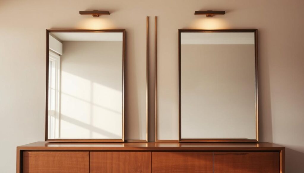 A pair of elegantly framed mirrors, their reflective surfaces arranged in a symmetrical, mirrored composition. The mirrors are positioned on a minimalist wooden console table, casting a warm, ambient glow from soft, diffused lighting above. The scene is set against a neutral, earthy-toned wall, creating a calming, harmonious atmosphere. The mirrored surfaces reflect and amplify the space, creating a sense of depth and visual interest. The overall aesthetic is one of refined simplicity, highlighting the power of mirror pairing to elevate and transform a living room setting. A pair of elegantly framed mirrors, their reflective surfaces arranged in a symmetrical, mirrored composition. The mirrors are positioned on a minimalist wooden console table, casting a warm, ambient glow from soft, diffused lighting above. The scene is set against a neutral, earthy-toned wall, creating a calming, harmonious atmosphere. The mirrored surfaces reflect and amplify the space, creating a sense of depth and visual interest. The overall aesthetic is one of refined simplicity, highlighting the power of mirror pairing to elevate and transform a living room setting.