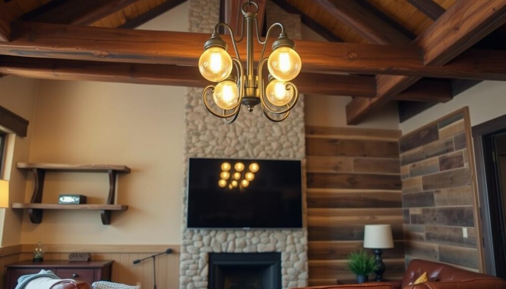 A rustic chandelier hangs from exposed wooden beams, casting a warm, amber glow over a cozy living room. The light filters through antique glass globes, creating a soft, inviting ambiance. In the foreground, a mounted flatscreen TV is flanked by weathered wooden shelves, complementing the room's rustic charm. The middle ground features plush leather furniture and a stone fireplace, while the background showcases a wooden accent wall with natural knots and grains. This image evokes a sense of timeless, cabin-like comfort, perfectly suited for the "Incorporating Rustic Lighting with Mounted TVs" section of the article. A rustic chandelier hangs from exposed wooden beams, casting a warm, amber glow over a cozy living room. The light filters through antique glass globes, creating a soft, inviting ambiance. In the foreground, a mounted flatscreen TV is flanked by weathered wooden shelves, complementing the room's rustic charm. The middle ground features plush leather furniture and a stone fireplace, while the background showcases a wooden accent wall with natural knots and grains. This image evokes a sense of timeless, cabin-like comfort, perfectly suited for the "Incorporating Rustic Lighting with Mounted TVs" section of the article.