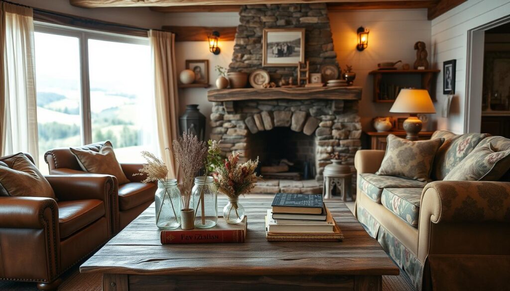 A rustic country living room with a cozy, inviting atmosphere. In the foreground, a weathered wooden coffee table adorned with mason jars, dried flowers, and a stack of vintage books. Surrounding it, plush leather armchairs and a distressed floral sofa in earthy tones. The middle ground features a stone fireplace with a mantel decorated with vintage trinkets and family photos. Warm lighting from a pair of wrought-iron sconces casts a soft glow. In the background, sheer curtains frame a window overlooking a lush, rolling landscape. The overall scene conveys a sense of homey charm and DIY character. A rustic country living room with a cozy, inviting atmosphere. In the foreground, a weathered wooden coffee table adorned with mason jars, dried flowers, and a stack of vintage books. Surrounding it, plush leather armchairs and a distressed floral sofa in earthy tones. The middle ground features a stone fireplace with a mantel decorated with vintage trinkets and family photos. Warm lighting from a pair of wrought-iron sconces casts a soft glow. In the background, sheer curtains frame a window overlooking a lush, rolling landscape. The overall scene conveys a sense of homey charm and DIY character.