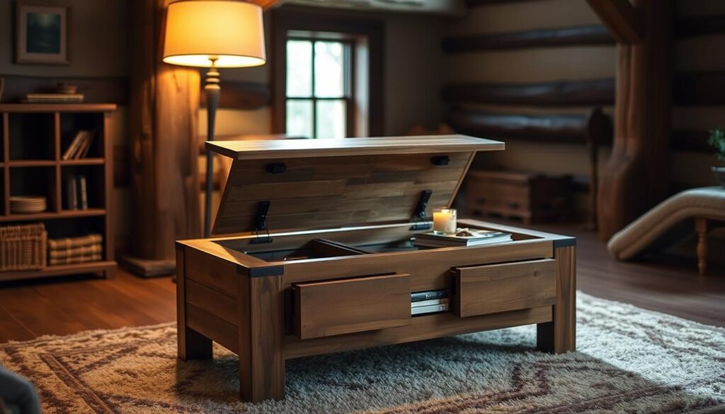 A rustic, cozy living room showcases a multi-functional wooden coffee table. The table's surface lifts to reveal hidden storage compartments, and the four sides fold out to create additional surfaces for displaying decorative items or serving drinks. Warm lighting from a nearby floor lamp casts a soft, inviting glow, while natural textures like exposed wood beams and a plush area rug create a harmonious, nature-inspired ambiance. The room is adorned with earthy tones and organic materials, reflecting a sense of tranquility and functionality. A rustic, cozy living room showcases a multi-functional wooden coffee table. The table's surface lifts to reveal hidden storage compartments, and the four sides fold out to create additional surfaces for displaying decorative items or serving drinks. Warm lighting from a nearby floor lamp casts a soft, inviting glow, while natural textures like exposed wood beams and a plush area rug create a harmonious, nature-inspired ambiance. The room is adorned with earthy tones and organic materials, reflecting a sense of tranquility and functionality.