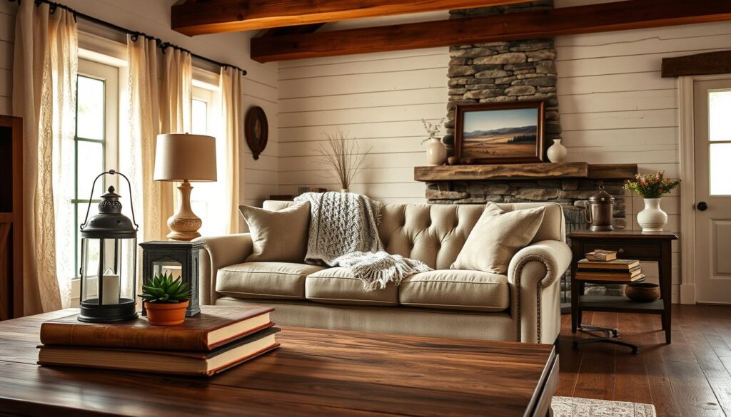 A rustic farmhouse interior with warm, natural lighting filtering through lace curtains. In the foreground, a wooden coffee table with a vintage lantern, a stack of worn leather-bound books, and a potted succulent. In the middle ground, a plush, tufted sofa in a neutral tone, complemented by a cozy knitted throw and an antique end table with a framed landscape painting. The background features exposed beams, whitewashed shiplap walls, and a stone fireplace mantel adorned with simple, earthy decor. The overall mood is one of relaxed, inviting comfort, perfect for a cozy TV-viewing experience. A rustic farmhouse interior with warm, natural lighting filtering through lace curtains. In the foreground, a wooden coffee table with a vintage lantern, a stack of worn leather-bound books, and a potted succulent. In the middle ground, a plush, tufted sofa in a neutral tone, complemented by a cozy knitted throw and an antique end table with a framed landscape painting. The background features exposed beams, whitewashed shiplap walls, and a stone fireplace mantel adorned with simple, earthy decor. The overall mood is one of relaxed, inviting comfort, perfect for a cozy TV-viewing experience.