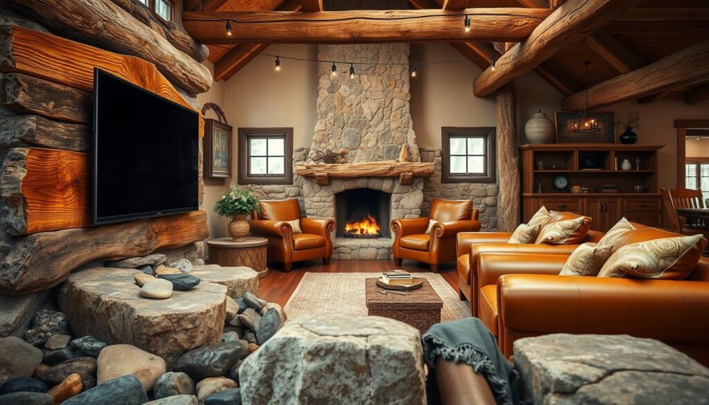 A rustic living room with a beautifully mounted TV that seamlessly blends with the decor. In the foreground, a sleek flat-screen TV is mounted on a rough-hewn wooden panel, surrounded by natural elements like river stones and weathered wood accents. In the middle ground, cozy leather armchairs and a plush area rug create a welcoming seating area, while the background features earthy tones, exposed beams, and a warm, inviting fireplace. The lighting is soft and indirect, creating a cozy, atmospheric ambiance. The overall composition conveys a sense of harmony and balance, where the technology is expertly integrated into the rustic, nature-inspired design. A rustic living room with a beautifully mounted TV that seamlessly blends with the decor. In the foreground, a sleek flat-screen TV is mounted on a rough-hewn wooden panel, surrounded by natural elements like river stones and weathered wood accents. In the middle ground, cozy leather armchairs and a plush area rug create a welcoming seating area, while the background features earthy tones, exposed beams, and a warm, inviting fireplace. The lighting is soft and indirect, creating a cozy, atmospheric ambiance. The overall composition conveys a sense of harmony and balance, where the technology is expertly integrated into the rustic, nature-inspired design.