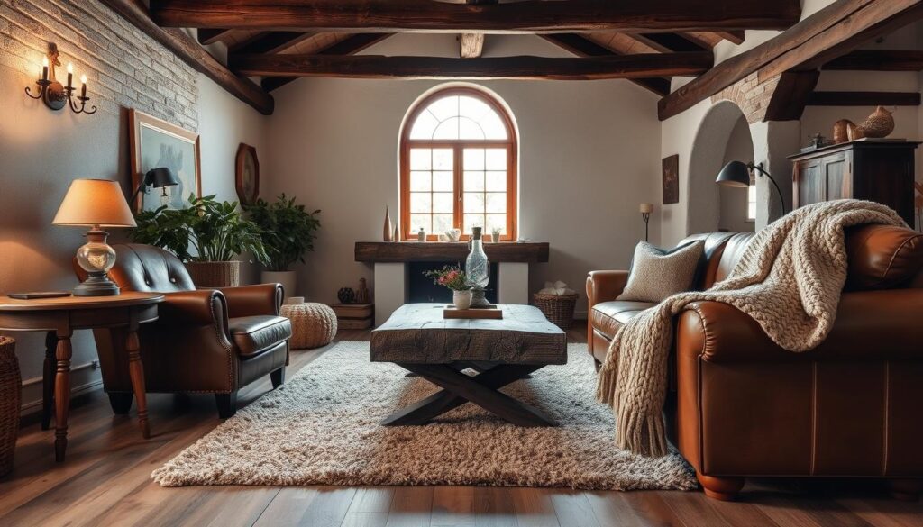 A rustic living room with a warm, cozy ambiance. In the foreground, a well-worn leather armchair sits beside a wooden side table, adorned with a lush, leafy plant and a vintage oil lamp. In the middle ground, a large, rough-hewn wooden coffee table is surrounded by a plush, earth-toned area rug, complemented by a chunky knit throw blanket draped over the arm of a distressed leather sofa. The background features exposed wooden beams, whitewashed walls, and a large, arched window that allows natural light to flood the space, casting a soft, golden glow. The overall atmosphere is one of effortless elegance and timeless charm. A rustic living room with a warm, cozy ambiance. In the foreground, a well-worn leather armchair sits beside a wooden side table, adorned with a lush, leafy plant and a vintage oil lamp. In the middle ground, a large, rough-hewn wooden coffee table is surrounded by a plush, earth-toned area rug, complemented by a chunky knit throw blanket draped over the arm of a distressed leather sofa. The background features exposed wooden beams, whitewashed walls, and a large, arched window that allows natural light to flood the space, casting a soft, golden glow. The overall atmosphere is one of effortless elegance and timeless charm.