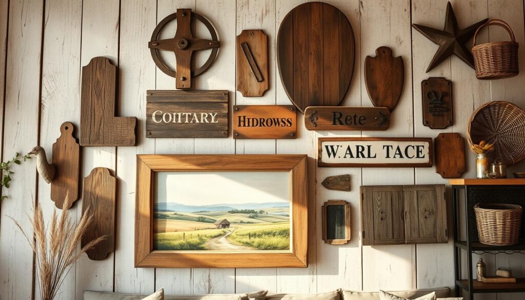 A rustic, weathered wall adorned with a captivating array of handcrafted wall art pieces. In the foreground, a distressed wooden frame displays a charming landscape painting, its brushstrokes capturing the essence of the countryside. Surrounding it, an eclectic collection of vintage-inspired metal signs, wooden plaques, and woven baskets add depth and character to the scene. Warm, natural lighting filters through the room, casting a soft, cozy glow that enhances the farmhouse charm. The overall composition evokes a sense of timeless elegance and a touch of rustic sophistication, perfectly suited to adorn a cozy farmhouse living room. A rustic, weathered wall adorned with a captivating array of handcrafted wall art pieces. In the foreground, a distressed wooden frame displays a charming landscape painting, its brushstrokes capturing the essence of the countryside. Surrounding it, an eclectic collection of vintage-inspired metal signs, wooden plaques, and woven baskets add depth and character to the scene. Warm, natural lighting filters through the room, casting a soft, cozy glow that enhances the farmhouse charm. The overall composition evokes a sense of timeless elegance and a touch of rustic sophistication, perfectly suited to adorn a cozy farmhouse living room.
