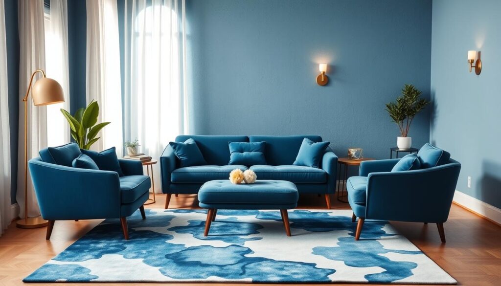 A serene and calming blue living room design, bathed in warm, natural lighting that filters through sheer curtains. The main focal point is a plush, deep blue sofa set against a backdrop of soft, textured blue walls. Complementing the sofa are two cozy blue armchairs and a matching ottoman, arranged in an inviting conversational setup. The room is adorned with subtle, nature-inspired accents like potted plants, wooden side tables, and a large, abstract blue and white area rug that anchors the space. Soft, ambient lighting from a brass floor lamp and wall sconces create a tranquil, spa-like atmosphere, perfect for unwinding and embracing the soothing power of blue. A serene and calming blue living room design, bathed in warm, natural lighting that filters through sheer curtains. The main focal point is a plush, deep blue sofa set against a backdrop of soft, textured blue walls. Complementing the sofa are two cozy blue armchairs and a matching ottoman, arranged in an inviting conversational setup. The room is adorned with subtle, nature-inspired accents like potted plants, wooden side tables, and a large, abstract blue and white area rug that anchors the space. Soft, ambient lighting from a brass floor lamp and wall sconces create a tranquil, spa-like atmosphere, perfect for unwinding and embracing the soothing power of blue.