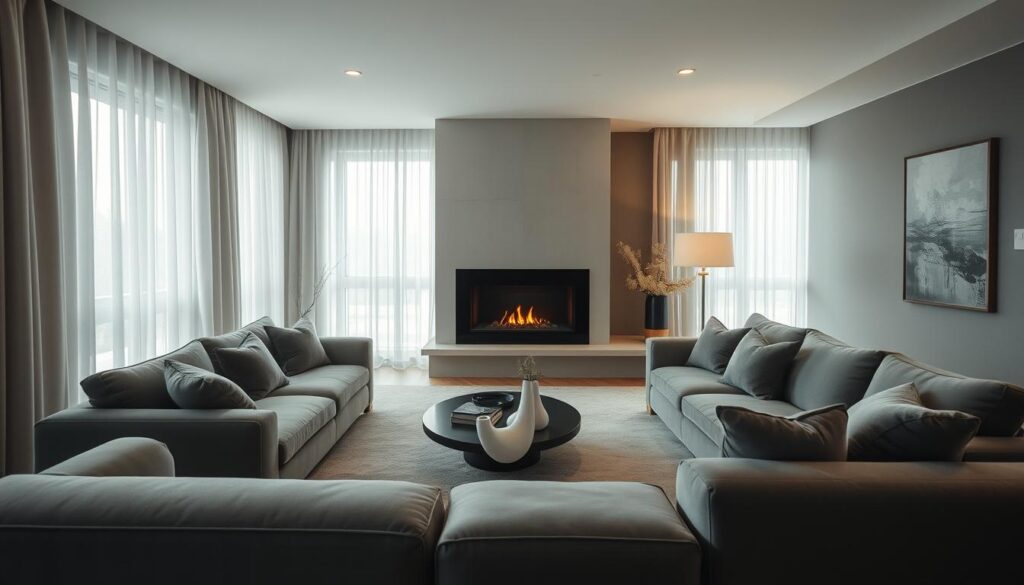 A serene living room bathed in a soft, monochromatic palette. Muted tones of grey cascade across plush velvet furnishings, punctuated by the warm glow of a fireplace. Diffused natural light filters through sheer curtains, casting a tranquil atmosphere. Minimalist decor enhances the calming ambiance, with a sculptural coffee table and abstract artwork adding subtle visual interest. The room exudes a sense of understated elegance, inviting relaxation and introspection.