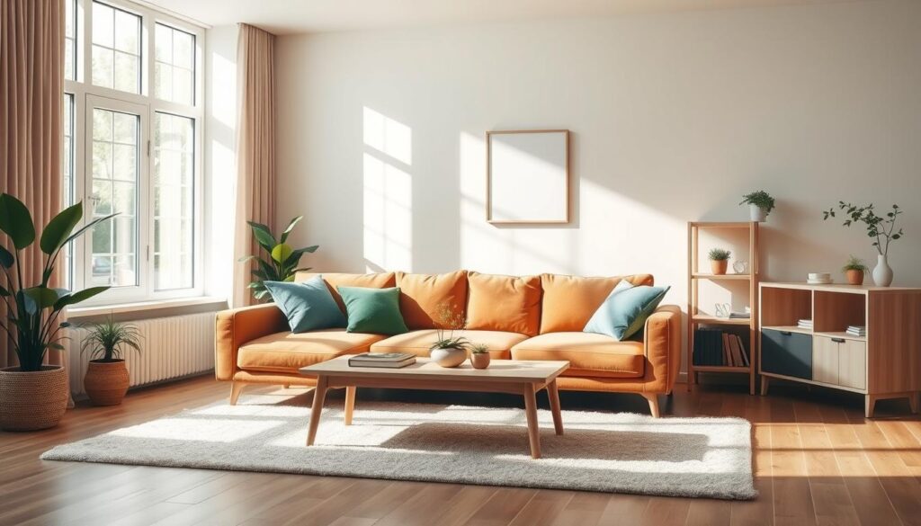 A serene, modern living room with a harmonious color palette. A minimalist, rectangular sofa in a warm, earthy tone sits on a plush, neutral-colored rug. Accent pillows in complementary shades of green and blue add pops of color. Sunlight streams through large windows, casting a soft, natural glow over the space. A wooden coffee table and shelving unit in a light, Scandinavian-inspired finish provide a clean, inviting contrast. Potted plants and a simple, abstract artwork on the wall further enhance the calming, balanced atmosphere.