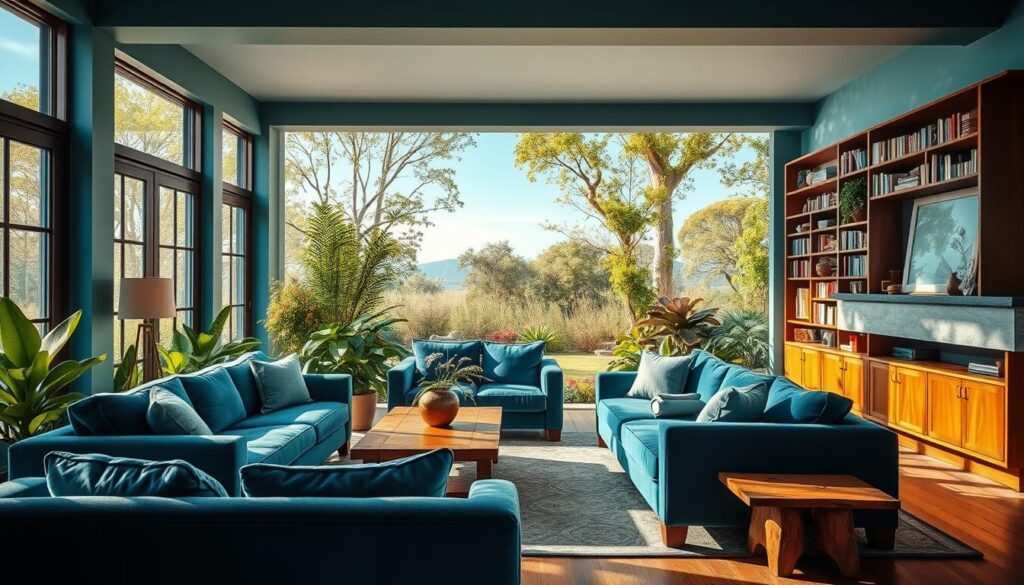 A serene, nature-inspired blue living room with a lush, verdant backdrop. In the foreground, a cozy seating arrangement features plush, azure velvet sofas and armchairs, accented by rustic wooden coffee tables and end tables. Warm, natural lighting filters in through large windows, casting a soft glow and creating a calming atmosphere. The middle ground showcases a stunning, floor-to-ceiling bookshelf filled with an array of books and decorative elements, while the background features a tranquil garden scene with swaying greenery and a glimpse of a peaceful, blue sky. The overall composition evokes a sense of harmony, balance, and a connection to the natural world. A serene, nature-inspired blue living room with a lush, verdant backdrop. In the foreground, a cozy seating arrangement features plush, azure velvet sofas and armchairs, accented by rustic wooden coffee tables and end tables. Warm, natural lighting filters in through large windows, casting a soft glow and creating a calming atmosphere. The middle ground showcases a stunning, floor-to-ceiling bookshelf filled with an array of books and decorative elements, while the background features a tranquil garden scene with swaying greenery and a glimpse of a peaceful, blue sky. The overall composition evokes a sense of harmony, balance, and a connection to the natural world.