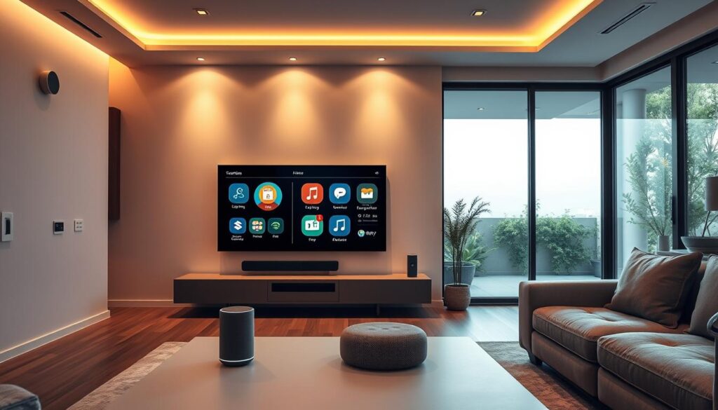 A sleek, modern living room with a central smart home control panel. The panel features a large touch screen displaying various home automation options, such as lighting, temperature, security, and entertainment. In the foreground, a minimalist coffee table with voice-controlled smart speakers. The walls are adorned with hidden smart home sensors and cameras, seamlessly integrated into the decor. Warm, indirect lighting casts a cozy glow, setting the mood for relaxation and effortless home management. Through the large windows, a tranquil outdoor scene with lush greenery, hinting at the smart home's ability to integrate with the natural environment. A sleek, modern living room with a central smart home control panel. The panel features a large touch screen displaying various home automation options, such as lighting, temperature, security, and entertainment. In the foreground, a minimalist coffee table with voice-controlled smart speakers. The walls are adorned with hidden smart home sensors and cameras, seamlessly integrated into the decor. Warm, indirect lighting casts a cozy glow, setting the mood for relaxation and effortless home management. Through the large windows, a tranquil outdoor scene with lush greenery, hinting at the smart home's ability to integrate with the natural environment.