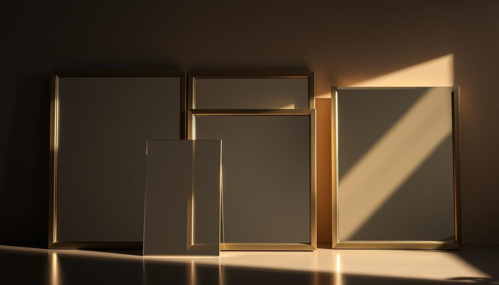 A sophisticated arrangement of three rectangular mirrors, each with a slightly different size and angle, creating a visually striking layered effect. The mirrors are positioned against a dimly lit backdrop, casting a warm, atmospheric glow and adding depth and texture to the scene. Soft, directional lighting from the side illuminates the mirrors, highlighting their reflective surfaces and casting subtle shadows that accentuate the three-dimensional quality of the composition. The mirrors are framed in a minimalist, brushed metal design, lending an elegant, modern aesthetic to the overall display. A sophisticated arrangement of three rectangular mirrors, each with a slightly different size and angle, creating a visually striking layered effect. The mirrors are positioned against a dimly lit backdrop, casting a warm, atmospheric glow and adding depth and texture to the scene. Soft, directional lighting from the side illuminates the mirrors, highlighting their reflective surfaces and casting subtle shadows that accentuate the three-dimensional quality of the composition. The mirrors are framed in a minimalist, brushed metal design, lending an elegant, modern aesthetic to the overall display.