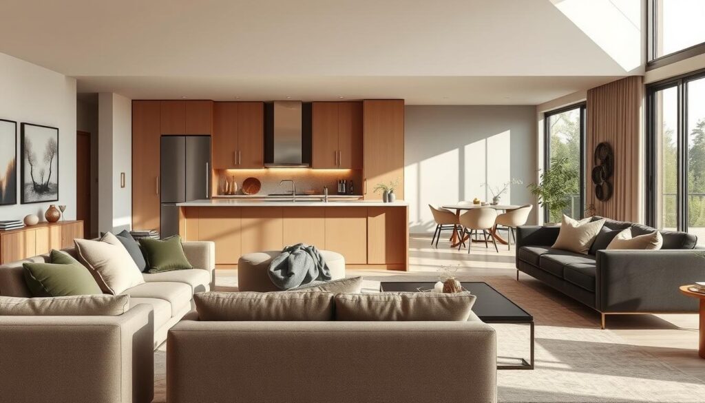 A sophisticated living room and kitchen space bathed in a harmonious palette of earthy tones and muted hues. The foreground showcases a well-curated selection of modern furniture pieces in shades of beige, olive green, and charcoal gray, expertly arranged to create a visually striking yet cozy ambiance. In the middle ground, the kitchen features sleek, minimalist cabinetry in a complementary neutral tone, accentuated by brushed metal accents and natural wood elements. The background depicts a serene, sun-drenched setting, with large windows allowing ample natural light to flood the space and enhance the overall sense of warmth and tranquility. The entire scene is imbued with a sense of timeless elegance and refined sophistication, inspiring the viewer to envision their own stylish living and cooking spaces. A sophisticated living room and kitchen space bathed in a harmonious palette of earthy tones and muted hues. The foreground showcases a well-curated selection of modern furniture pieces in shades of beige, olive green, and charcoal gray, expertly arranged to create a visually striking yet cozy ambiance. In the middle ground, the kitchen features sleek, minimalist cabinetry in a complementary neutral tone, accentuated by brushed metal accents and natural wood elements. The background depicts a serene, sun-drenched setting, with large windows allowing ample natural light to flood the space and enhance the overall sense of warmth and tranquility. The entire scene is imbued with a sense of timeless elegance and refined sophistication, inspiring the viewer to envision their own stylish living and cooking spaces.