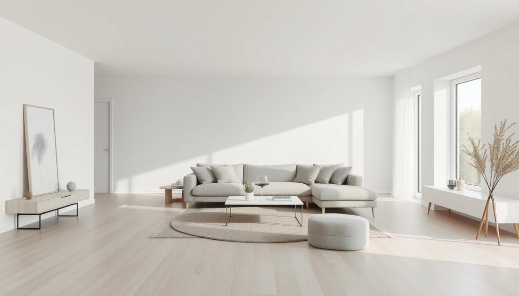 A spacious, airy Scandinavian-inspired living room with a minimalist design. A large, floor-to-ceiling window floods the space with natural light, casting a soft, diffused glow. The room features a neutral color palette of whites, grays, and light wood tones, creating a calming and serene atmosphere. A low-profile, L-shaped sofa with plush, textured cushions sits centered in the room, complemented by a sleek, rectangular coffee table and a cozy, circular area rug. Sparse, carefully curated decor, such as a potted plant and a few small sculptural accents, add subtle visual interest. The overall effect is one of refined simplicity, highlighting the clean lines, open layout, and uncluttered aesthetic that define Scandinavian minimalism. A spacious, airy Scandinavian-inspired living room with a minimalist design. A large, floor-to-ceiling window floods the space with natural light, casting a soft, diffused glow. The room features a neutral color palette of whites, grays, and light wood tones, creating a calming and serene atmosphere. A low-profile, L-shaped sofa with plush, textured cushions sits centered in the room, complemented by a sleek, rectangular coffee table and a cozy, circular area rug. Sparse, carefully curated decor, such as a potted plant and a few small sculptural accents, add subtle visual interest. The overall effect is one of refined simplicity, highlighting the clean lines, open layout, and uncluttered aesthetic that define Scandinavian minimalism.