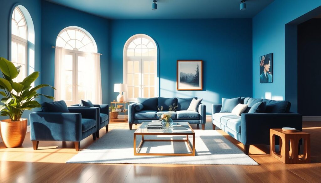 A spacious and inviting blue living room with a plush velvet sofa, a pair of matching armchairs, and a stylish coffee table. The furniture is arranged in a cozy conversation area, bathed in warm, natural lighting that pours in through large windows. Soft, diffused shadows create depth and dimension, while a lush potted plant in the corner adds a touch of greenery. The overall atmosphere is one of refined elegance and relaxation, perfectly suited for the "Statement Furniture Pieces in Blue" section of the article. A spacious and inviting blue living room with a plush velvet sofa, a pair of matching armchairs, and a stylish coffee table. The furniture is arranged in a cozy conversation area, bathed in warm, natural lighting that pours in through large windows. Soft, diffused shadows create depth and dimension, while a lush potted plant in the corner adds a touch of greenery. The overall atmosphere is one of refined elegance and relaxation, perfectly suited for the "Statement Furniture Pieces in Blue" section of the article.