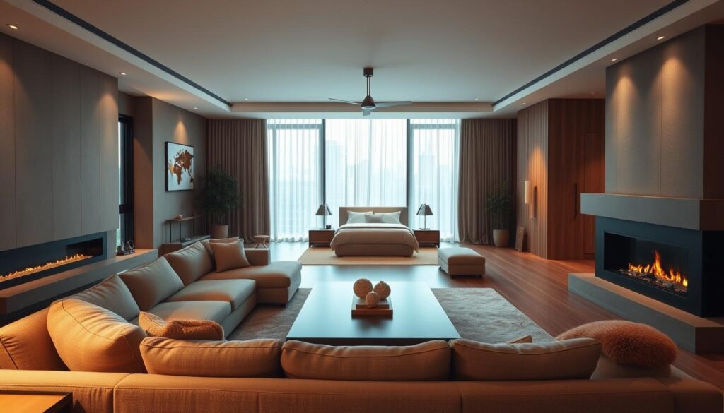 A spacious and inviting dual-purpose bedroom living room with a warm, cozy ambiance. In the foreground, a plush sectional sofa in a neutral tone faces a large, low-profile coffee table. A modern, freestanding fireplace adds a focal point and creates a sense of intimacy. In the middle ground, a king-size bed with a minimalist headboard is flanked by sleek nightstands. Soft, diffused lighting filters through sheer curtains, casting a gentle glow. The background features floor-to-ceiling windows that allow natural light to flood the space, blurring the line between indoors and out. Earthy tones, natural textures, and carefully curated decor elements harmonize to create a harmonious, tranquil atmosphere. A spacious and inviting dual-purpose bedroom living room with a warm, cozy ambiance. In the foreground, a plush sectional sofa in a neutral tone faces a large, low-profile coffee table. A modern, freestanding fireplace adds a focal point and creates a sense of intimacy. In the middle ground, a king-size bed with a minimalist headboard is flanked by sleek nightstands. Soft, diffused lighting filters through sheer curtains, casting a gentle glow. The background features floor-to-ceiling windows that allow natural light to flood the space, blurring the line between indoors and out. Earthy tones, natural textures, and carefully curated decor elements harmonize to create a harmonious, tranquil atmosphere.