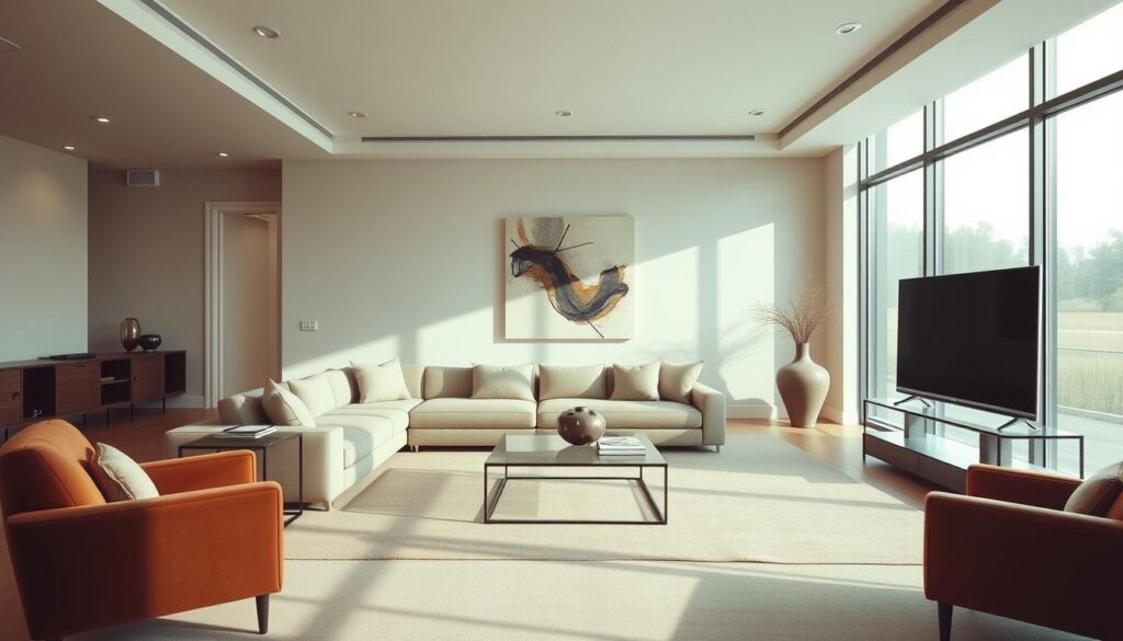 A spacious, contemporary living room with a minimalist, sophisticated aesthetic. The room is flooded with natural light from large windows, casting a warm, soft glow across the muted color palette. A low-profile, L-shaped sofa in a neutral tone anchors the space, complemented by a sleek, glass-topped coffee table. Accent chairs in a deep, earthy hue provide additional seating, while a large, abstract wall art piece adds a touch of visual interest. The room is finished with subtle, recessed lighting and a well-curated selection of decorative objects, creating an inviting and harmonious atmosphere. A spacious, contemporary living room with a minimalist, sophisticated aesthetic. The room is flooded with natural light from large windows, casting a warm, soft glow across the muted color palette. A low-profile, L-shaped sofa in a neutral tone anchors the space, complemented by a sleek, glass-topped coffee table. Accent chairs in a deep, earthy hue provide additional seating, while a large, abstract wall art piece adds a touch of visual interest. The room is finished with subtle, recessed lighting and a well-curated selection of decorative objects, creating an inviting and harmonious atmosphere.