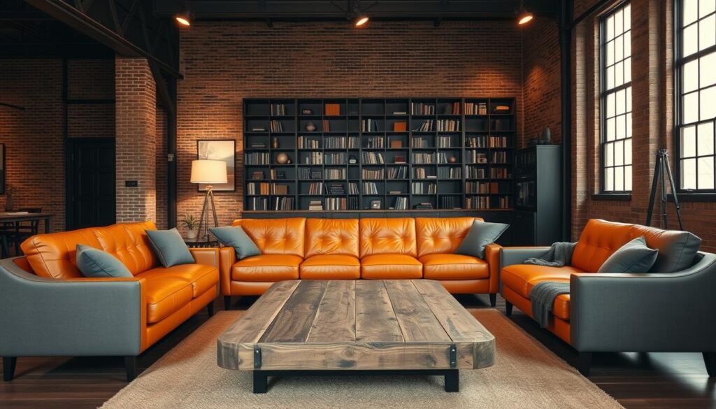 A spacious industrial-style living room with a prominent orange leather sofa as the focal point. The room is bathed in warm, muted lighting, creating a cozy ambiance. The walls feature exposed brick and steel beams, complemented by sleek, minimalist furniture and accents. A large, distressed wooden coffee table sits in the middle, surrounded by plush gray armchairs. In the background, a towering bookshelf and a vintage-inspired floor lamp add depth and character to the space. The overall atmosphere evokes a harmonious blend of rugged industrialism and refined, comfortable living. A spacious industrial-style living room with a prominent orange leather sofa as the focal point. The room is bathed in warm, muted lighting, creating a cozy ambiance. The walls feature exposed brick and steel beams, complemented by sleek, minimalist furniture and accents. A large, distressed wooden coffee table sits in the middle, surrounded by plush gray armchairs. In the background, a towering bookshelf and a vintage-inspired floor lamp add depth and character to the space. The overall atmosphere evokes a harmonious blend of rugged industrialism and refined, comfortable living.