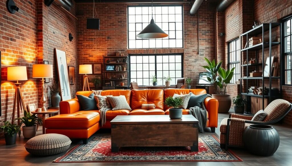 A spacious industrial-style living room with an orange leather couch as the focal point. The room features exposed brick walls, metal accents, and a mix of vintage and modern furnishings. Warm lighting from floor lamps and a large pendant light create a cozy ambiance, while large windows allow natural light to flood the space. Rustic wooden shelves and a distressed coffee table add to the industrial-chic aesthetic. The room is styled with potted plants, textured throws, and a Persian-inspired rug, blending the industrial and natural elements seamlessly. A spacious industrial-style living room with an orange leather couch as the focal point. The room features exposed brick walls, metal accents, and a mix of vintage and modern furnishings. Warm lighting from floor lamps and a large pendant light create a cozy ambiance, while large windows allow natural light to flood the space. Rustic wooden shelves and a distressed coffee table add to the industrial-chic aesthetic. The room is styled with potted plants, textured throws, and a Persian-inspired rug, blending the industrial and natural elements seamlessly.