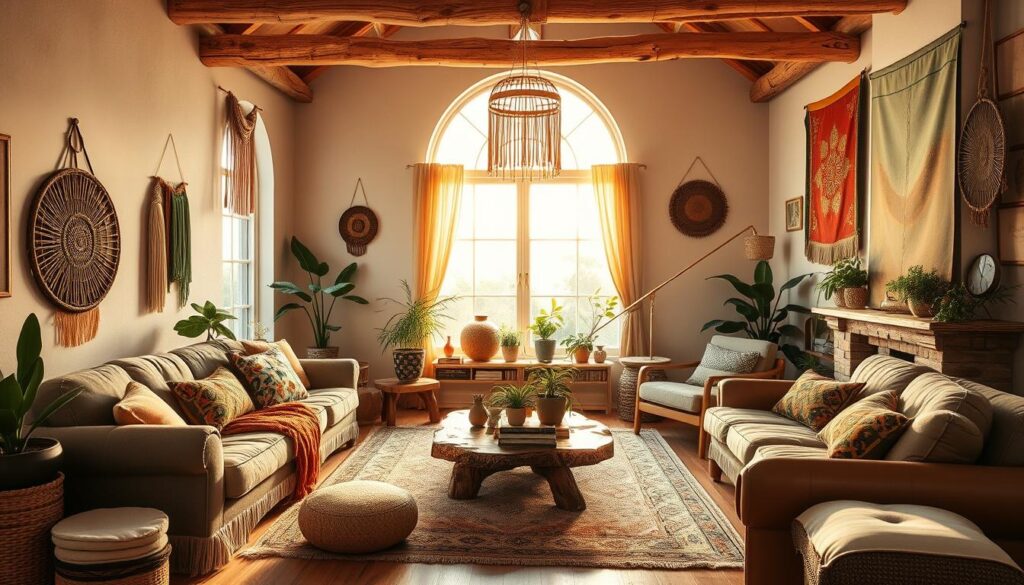 A spacious, light-filled bohemian living room with plush, mismatched furniture, rich textures, and vibrant pops of color. Earthy tones and natural elements like woven rugs, potted plants, and driftwood accents create a cozy, inviting atmosphere. A large, arched window floods the room with warm, diffused sunlight, casting a soft, golden glow. Eclectic wall decor, such as macrame hangings and framed tapestries, add to the room's eclectic, eclectic charm. Weathered, vintage-inspired pieces, including a well-worn leather armchair and a rustic, wooden coffee table, blend seamlessly with modern, boho-chic accents. The overall scene exudes a sense of relaxed, free-spirited elegance.