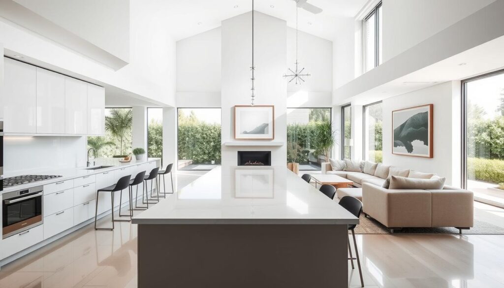 A spacious, open-concept kitchen and living room with a harmonious, contemporary design. In the foreground, a sleek kitchen with glossy white cabinets, stainless steel appliances, and a large central island with bar stools. The middle ground features a plush, L-shaped sofa in a neutral tone, facing a minimalist fireplace and a large, framed artwork on the wall. Ample natural light filters in through large windows, creating a bright and airy atmosphere. The background showcases a serene view of a lush, green garden, blending the indoor and outdoor spaces seamlessly. The overall mood is one of sophistication, comfort, and sophisticated style. A spacious, open-concept kitchen and living room with a harmonious, contemporary design. In the foreground, a sleek kitchen with glossy white cabinets, stainless steel appliances, and a large central island with bar stools. The middle ground features a plush, L-shaped sofa in a neutral tone, facing a minimalist fireplace and a large, framed artwork on the wall. Ample natural light filters in through large windows, creating a bright and airy atmosphere. The background showcases a serene view of a lush, green garden, blending the indoor and outdoor spaces seamlessly. The overall mood is one of sophistication, comfort, and sophisticated style.