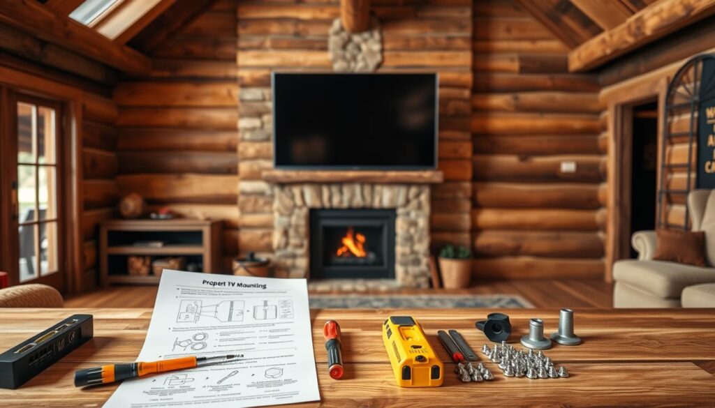A spacious, rustic living room with a mounted flat-screen TV positioned on a wooden wall. The TV is mounted at an optimal viewing height, with cable management concealed behind the wall. In the foreground, an assortment of tools and hardware for TV installation are neatly arranged, including a level, screwdriver, and wall anchors. The middle ground showcases a step-by-step guide for proper TV mounting, with diagrams and measurements highlighted. The background features a cozy, warm-toned atmosphere, with a roaring fireplace and natural wooden accents, creating a harmonious and inviting space. A spacious, rustic living room with a mounted flat-screen TV positioned on a wooden wall. The TV is mounted at an optimal viewing height, with cable management concealed behind the wall. In the foreground, an assortment of tools and hardware for TV installation are neatly arranged, including a level, screwdriver, and wall anchors. The middle ground showcases a step-by-step guide for proper TV mounting, with diagrams and measurements highlighted. The background features a cozy, warm-toned atmosphere, with a roaring fireplace and natural wooden accents, creating a harmonious and inviting space.
