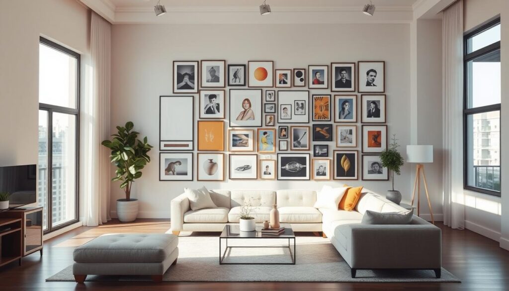 A spacious, well-lit modern apartment living room with a meticulously curated gallery wall. Sunlight streams through large windows, casting a warm glow on the minimalist furnishings. The gallery wall features an eclectic mix of framed art, photographs, and personal mementos, arranged in a visually striking yet cohesive layout. Pops of color and textures add depth and personality to the space, reflecting the homeowner's unique style and interests. The overall atmosphere is one of sophisticated elegance and relaxed sophistication, inviting the viewer to imagine themselves in this serene and inviting space.