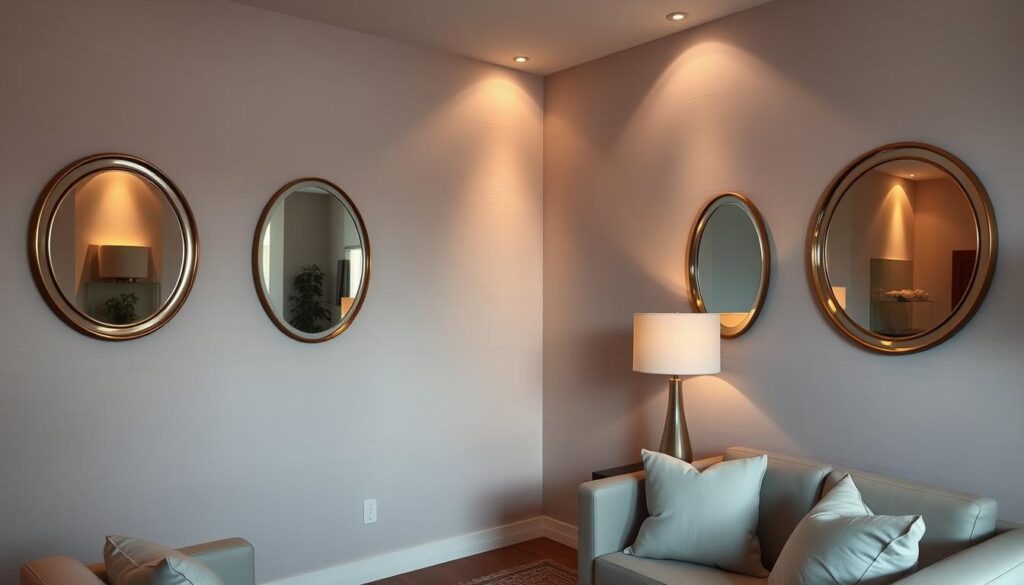 A stylish and cozy small living room with tastefully arranged wall mirrors that create an illusion of depth and spaciousness. The mirrors are set against a backdrop of minimalist, textured walls in soft, muted tones that exude a sense of tranquility. Warm, directional lighting from hidden sources casts a gentle glow, highlighting the reflective surfaces and adding depth to the scene. The overall atmosphere is one of elegance and refinement, inviting the viewer to imagine how such a space could open up and transform a compact living area. A stylish and cozy small living room with tastefully arranged wall mirrors that create an illusion of depth and spaciousness. The mirrors are set against a backdrop of minimalist, textured walls in soft, muted tones that exude a sense of tranquility. Warm, directional lighting from hidden sources casts a gentle glow, highlighting the reflective surfaces and adding depth to the scene. The overall atmosphere is one of elegance and refinement, inviting the viewer to imagine how such a space could open up and transform a compact living area.