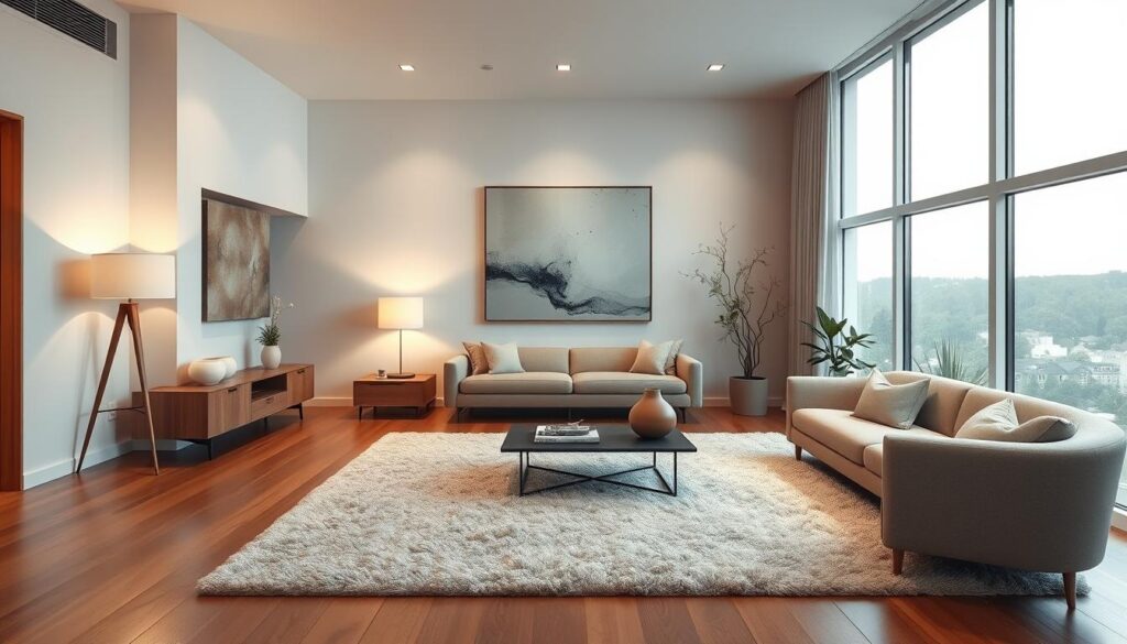 A stylish, contemporary living room with a minimalist aesthetic. Warm hardwood floors and a large, plush area rug define the cozy space. A mid-century modern sofa in a neutral tone sits facing a sleek, low-profile entertainment unit. Hanging above is a large, abstract artwork that adds a touch of elegance. Strategically placed floor lamps and recessed lighting create a soft, ambient glow. Large windows allow natural light to flood the room, accentuating the clean lines and neutral color palette. Carefully curated decor, such as a sculptural coffee table and potted plants, complete the serene, harmonious atmosphere. A stylish, contemporary living room with a minimalist aesthetic. Warm hardwood floors and a large, plush area rug define the cozy space. A mid-century modern sofa in a neutral tone sits facing a sleek, low-profile entertainment unit. Hanging above is a large, abstract artwork that adds a touch of elegance. Strategically placed floor lamps and recessed lighting create a soft, ambient glow. Large windows allow natural light to flood the room, accentuating the clean lines and neutral color palette. Carefully curated decor, such as a sculptural coffee table and potted plants, complete the serene, harmonious atmosphere.
