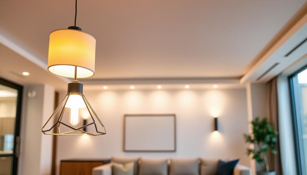 A stylish contemporary living room with a mix of modern and minimalist lighting fixtures. In the foreground, a sleek suspended pendant light with a geometric design casts a warm glow over a wooden coffee table. In the middle ground, recessed ceiling lights and a pair of angular wall sconces illuminate the space, creating a balanced, harmonious lighting scheme. The background features large windows allowing natural light to filter in, blending seamlessly with the artificial lighting. The overall atmosphere is one of understated elegance, where the lighting enhances the clean, sophisticated design of the room. A stylish contemporary living room with a mix of modern and minimalist lighting fixtures. In the foreground, a sleek suspended pendant light with a geometric design casts a warm glow over a wooden coffee table. In the middle ground, recessed ceiling lights and a pair of angular wall sconces illuminate the space, creating a balanced, harmonious lighting scheme. The background features large windows allowing natural light to filter in, blending seamlessly with the artificial lighting. The overall atmosphere is one of understated elegance, where the lighting enhances the clean, sophisticated design of the room.