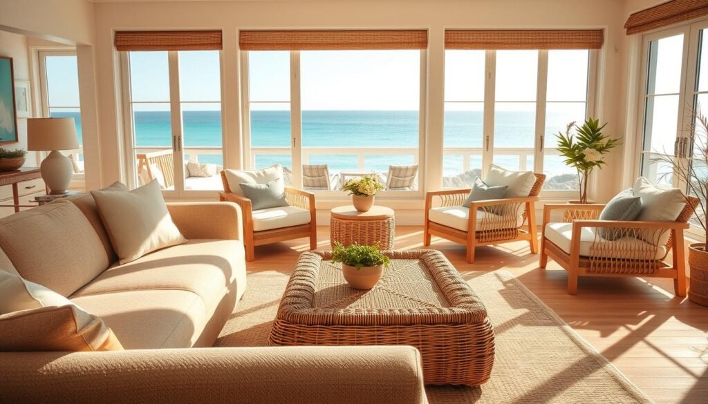 A sun-drenched coastal living room with a harmonious blend of natural materials and soothing hues. In the foreground, a plush, sand-colored sectional sofa and a woven rattan coffee table, their textures evoking the seaside. Midground showcases a pair of coastal-inspired armchairs, their frames made of bleached wood and crisp white upholstery. The background reveals a wall of large windows, framing a panoramic view of the azure ocean and distant horizon. Warm, diffused lighting filters in, casting a tranquil glow and emphasizing the room's laid-back, beachy ambiance. Shot with a wide-angle lens to capture the airy, open-concept space. A sun-drenched coastal living room with a harmonious blend of natural materials and soothing hues. In the foreground, a plush, sand-colored sectional sofa and a woven rattan coffee table, their textures evoking the seaside. Midground showcases a pair of coastal-inspired armchairs, their frames made of bleached wood and crisp white upholstery. The background reveals a wall of large windows, framing a panoramic view of the azure ocean and distant horizon. Warm, diffused lighting filters in, casting a tranquil glow and emphasizing the room's laid-back, beachy ambiance. Shot with a wide-angle lens to capture the airy, open-concept space.