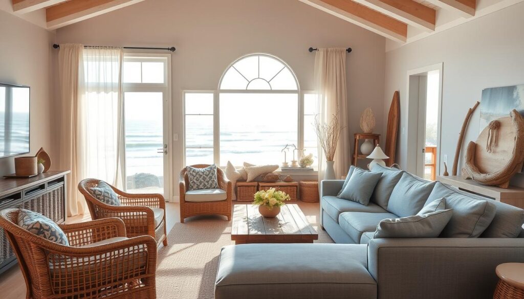 A sun-drenched coastal living room with soft blue hues and natural textures. The room is bathed in warm, diffused natural light filtering through sheer curtains, casting a gentle glow on the furniture. In the foreground, a plush, oversized sectional sofa upholstered in a soothing blue-gray fabric invites relaxation. Complementing the sofa, a pair of woven rattan armchairs and a weathered wood coffee table create an organic, beach-inspired ambiance. The middle ground features a large, arched window overlooking a picturesque coastal landscape, with rolling waves and distant horizon. The background showcases a mix of coastal-inspired decor, including driftwood accents, natural fiber rugs, and subtle nautical elements that enhance the serene, calming atmosphere. A sun-drenched coastal living room with soft blue hues and natural textures. The room is bathed in warm, diffused natural light filtering through sheer curtains, casting a gentle glow on the furniture. In the foreground, a plush, oversized sectional sofa upholstered in a soothing blue-gray fabric invites relaxation. Complementing the sofa, a pair of woven rattan armchairs and a weathered wood coffee table create an organic, beach-inspired ambiance. The middle ground features a large, arched window overlooking a picturesque coastal landscape, with rolling waves and distant horizon. The background showcases a mix of coastal-inspired decor, including driftwood accents, natural fiber rugs, and subtle nautical elements that enhance the serene, calming atmosphere.