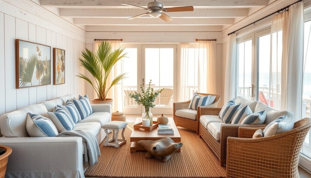 A sun-drenched coastal living room with whitewashed wood beams, plush linen sofas, and a woven rattan armchair. Soft blue and white striped pillows, a sisal area rug, and a driftwood coffee table create a relaxed, seasonal vibe. Tall potted palms and a vase of fresh eucalyptus add lush greenery, while sheer gauzy curtains billow gently in the ocean breeze. The room is bathed in warm, golden natural light filtering through large windows overlooking a picturesque seaside view. A serene, calming atmosphere perfect for a cozy coastal retreat. A sun-drenched coastal living room with whitewashed wood beams, plush linen sofas, and a woven rattan armchair. Soft blue and white striped pillows, a sisal area rug, and a driftwood coffee table create a relaxed, seasonal vibe. Tall potted palms and a vase of fresh eucalyptus add lush greenery, while sheer gauzy curtains billow gently in the ocean breeze. The room is bathed in warm, golden natural light filtering through large windows overlooking a picturesque seaside view. A serene, calming atmosphere perfect for a cozy coastal retreat.