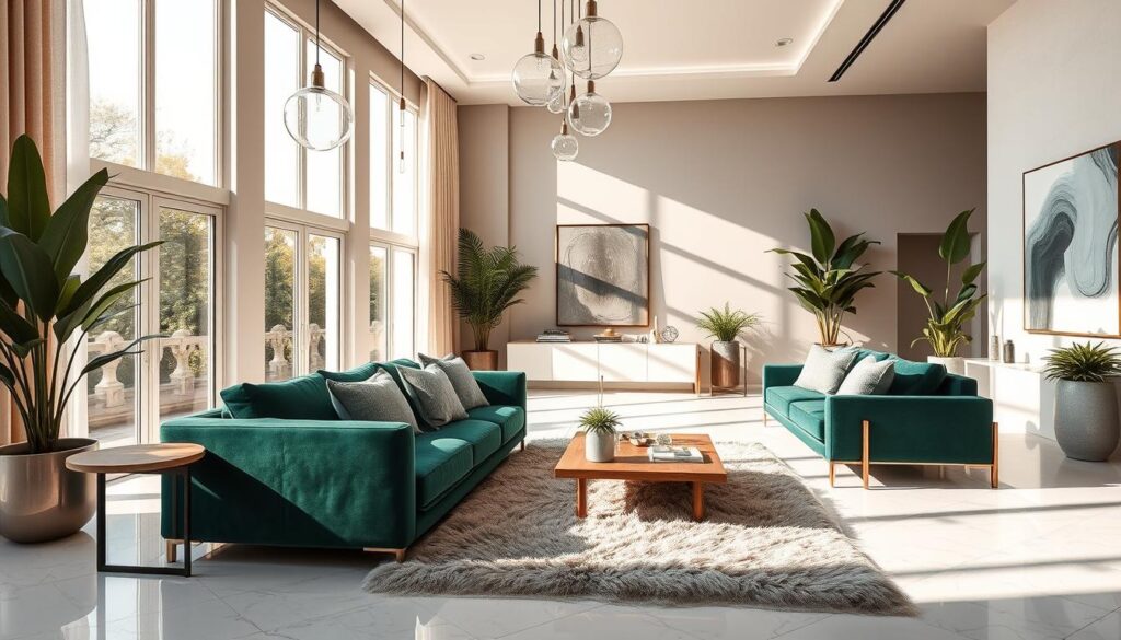 A sun-drenched contemporary living room exuding refined luxury. Plush velvet sofas in a rich emerald hue sit atop a sumptuous faux fur rug, complemented by sleek, minimalist wooden coffee tables. Towering floor-to-ceiling windows flood the space with warm, natural light, casting a soft glow on the room's neutral palette of beige, gray, and white accents. Elegant glass pendant lights hang overhead, their reflections dancing on the polished marble floors. Lush greenery in the form of potted plants and a statement art piece on the far wall add depth and visual interest, creating an atmosphere of understated sophistication and tranquility. A sun-drenched contemporary living room exuding refined luxury. Plush velvet sofas in a rich emerald hue sit atop a sumptuous faux fur rug, complemented by sleek, minimalist wooden coffee tables. Towering floor-to-ceiling windows flood the space with warm, natural light, casting a soft glow on the room's neutral palette of beige, gray, and white accents. Elegant glass pendant lights hang overhead, their reflections dancing on the polished marble floors. Lush greenery in the form of potted plants and a statement art piece on the far wall add depth and visual interest, creating an atmosphere of understated sophistication and tranquility.