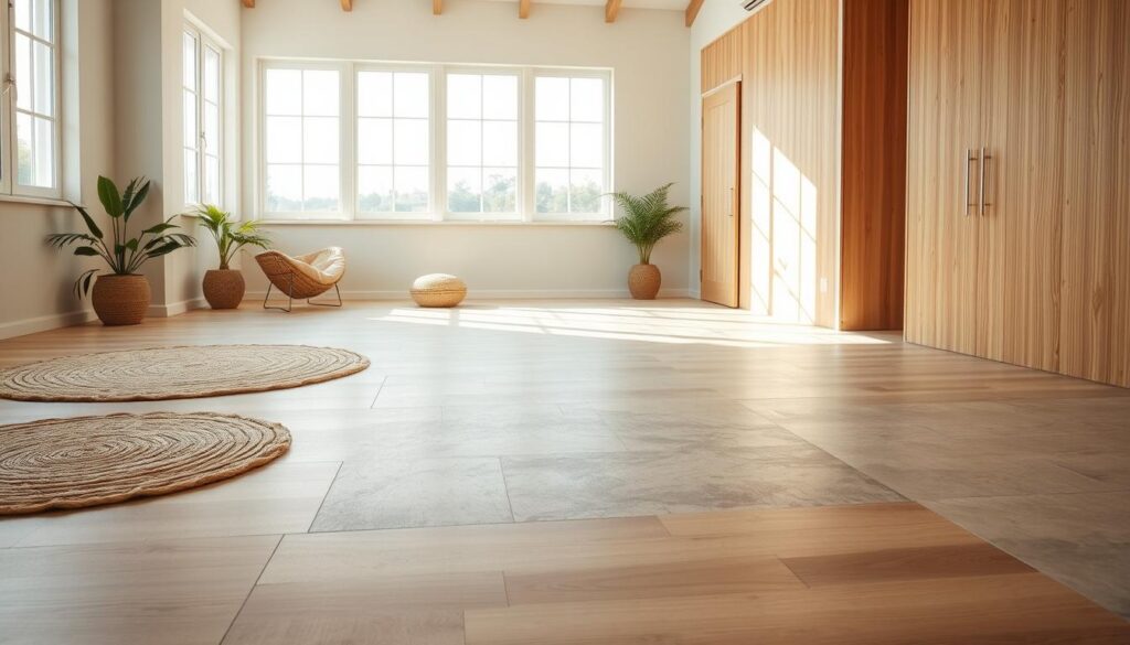 A sunlit, airy room showcases an array of eco-friendly flooring options. In the foreground, natural wood planks with a warm, rustic finish cover the floor, complemented by plush jute rugs in muted earth tones. Towards the middle, smooth, mottled concrete tiles in soft gray tones create a minimalist, industrial-chic aesthetic. Transitioning to the background, sleek, light-colored bamboo panels exude a modern, sustainable vibe. Soft, diffused lighting filters through large windows, accentuating the natural textures and tones of the various flooring materials. The overall scene conveys a sense of environmental consciousness and design harmony, perfectly suited for a green living room inspiration. A sunlit, airy room showcases an array of eco-friendly flooring options. In the foreground, natural wood planks with a warm, rustic finish cover the floor, complemented by plush jute rugs in muted earth tones. Towards the middle, smooth, mottled concrete tiles in soft gray tones create a minimalist, industrial-chic aesthetic. Transitioning to the background, sleek, light-colored bamboo panels exude a modern, sustainable vibe. Soft, diffused lighting filters through large windows, accentuating the natural textures and tones of the various flooring materials. The overall scene conveys a sense of environmental consciousness and design harmony, perfectly suited for a green living room inspiration.