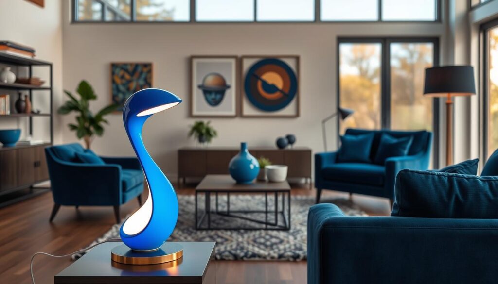 A unique, contemporary blue living room lamp stands elegantly in the foreground, its curved silhouette and vibrant hue commanding attention. The lamp is positioned on a sleek, minimalist side table, casting a warm, ambient glow that illuminates the space. In the middle ground, the blue-toned living room decor is tastefully coordinated, with plush velvet seating, a textured area rug, and artistic wall accents that harmonize seamlessly. The background features large windows, allowing natural light to filter in and create a cozy, inviting atmosphere. The overall scene exudes a sense of sophisticated style and tranquility, perfectly capturing the essence of a "Unique Lighting Ideas for Blue Rooms" section. A unique, contemporary blue living room lamp stands elegantly in the foreground, its curved silhouette and vibrant hue commanding attention. The lamp is positioned on a sleek, minimalist side table, casting a warm, ambient glow that illuminates the space. In the middle ground, the blue-toned living room decor is tastefully coordinated, with plush velvet seating, a textured area rug, and artistic wall accents that harmonize seamlessly. The background features large windows, allowing natural light to filter in and create a cozy, inviting atmosphere. The overall scene exudes a sense of sophisticated style and tranquility, perfectly capturing the essence of a "Unique Lighting Ideas for Blue Rooms" section.