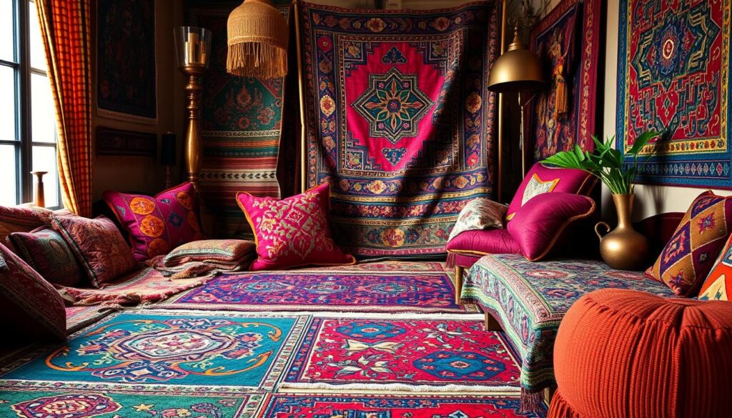 A vibrant and eclectic color palette fills the frame, capturing the essence of bohemian style. In the foreground, a mix of rich jewel tones - deep burgundy, emerald green, and royal blue - blend seamlessly with warm earthy hues like ochre and terracotta. The middle ground showcases intricate patterns and textures, from woven rugs to embroidered tapestries, creating a layered and visually stimulating composition. The background bathes in soft, diffused lighting, evoking a cozy and inviting atmosphere. Hints of metallic accents, such as gleaming brass and copper, add a touch of glamour and sophistication to the overall bohemian aesthetic. The result is a harmonious and visually captivating representation of the eclectic charm of bohemian color palettes.