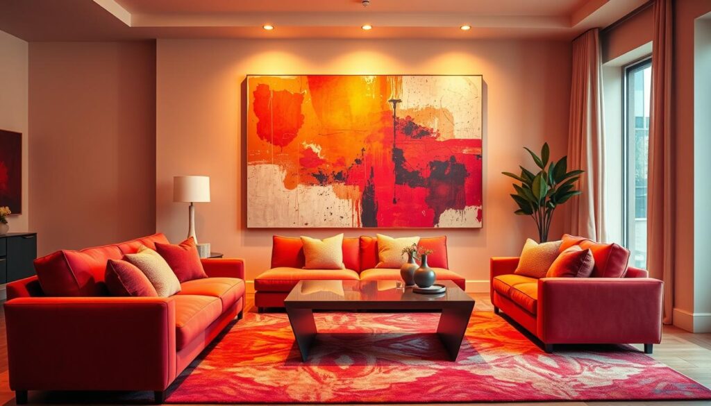 A vibrant and energetic living room, bathed in warm, saturated hues. The foreground features a bold, modern sofa in a rich, jewel-toned color, complemented by plush, textured throw pillows. In the middle ground, a sleek, angular coffee table stands atop a vibrant, patterned area rug, while the background showcases a striking, oversized abstract painting in a complementary palette. Diffused, golden lighting casts a cozy, inviting glow throughout the space, creating a sense of depth and drama. The overall atmosphere is one of vibrancy, creativity, and a playful, youthful energy.