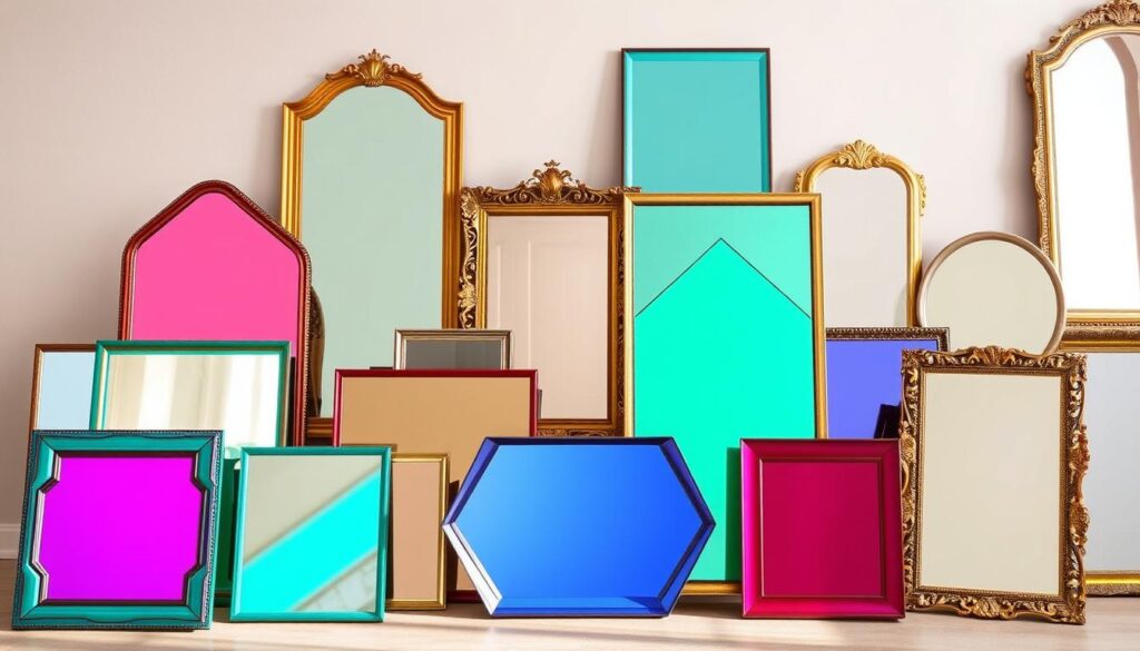 A vibrant array of color-infused mirrors, artfully arranged against a clean, minimalist backdrop. In the foreground, mirror frames in striking hues like emerald, sapphire, and ruby shimmer under warm, diffused lighting, casting a kaleidoscopic reflection. The middle ground features a mix of sleek, angular mirrors and ornate, gilded frames, creating a dynamic interplay of modern and traditional design. In the background, a neutral-toned wall provides a serene canvas, allowing the mirrors to take center stage and showcase the latest color trends influencing mirror choices for chic, contemporary living spaces. A vibrant array of color-infused mirrors, artfully arranged against a clean, minimalist backdrop. In the foreground, mirror frames in striking hues like emerald, sapphire, and ruby shimmer under warm, diffused lighting, casting a kaleidoscopic reflection. The middle ground features a mix of sleek, angular mirrors and ornate, gilded frames, creating a dynamic interplay of modern and traditional design. In the background, a neutral-toned wall provides a serene canvas, allowing the mirrors to take center stage and showcase the latest color trends influencing mirror choices for chic, contemporary living spaces.