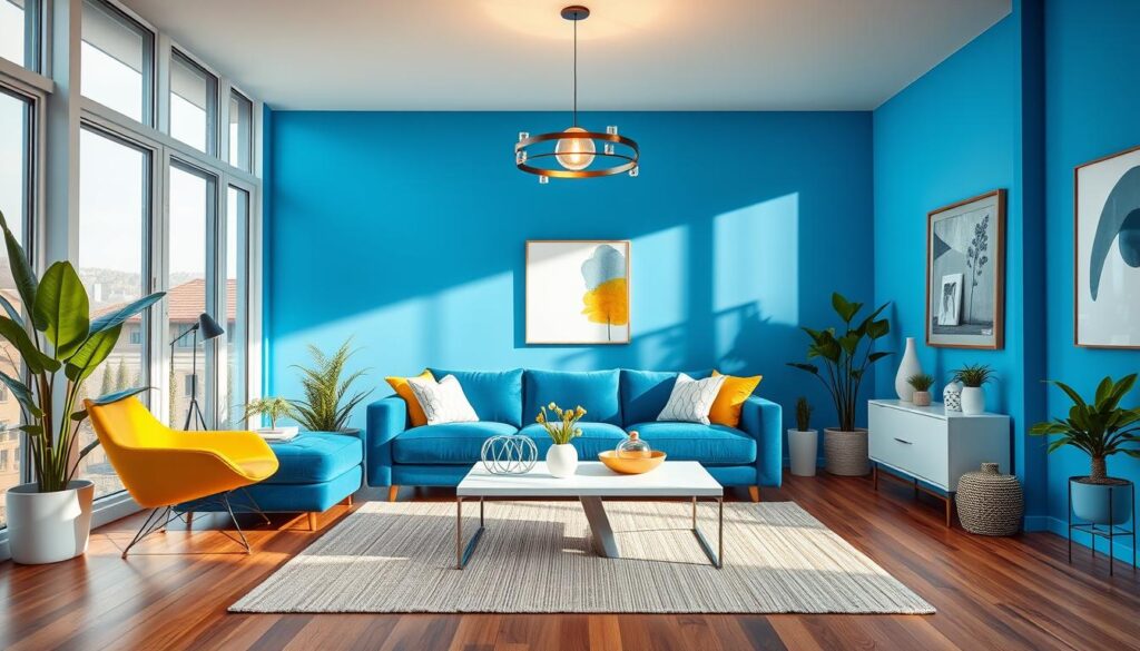 A vibrant blue living room with a modern, airy atmosphere. The focal point is a plush, deep blue sofa placed against a backdrop of floor-to-ceiling windows that flood the space with natural light. Complementing the blue are pops of yellow and white accents, such as a bright yellow armchair and a sleek white coffee table. The room is illuminated by a central, contemporary light fixture that casts a warm glow, creating a cozy and inviting ambiance. The hardwood floors are covered by a neutral, textured rug that ties the color scheme together. Plants and greenery add a touch of nature, while abstract wall art and minimalist decor complete the stylish, cohesive look. A vibrant blue living room with a modern, airy atmosphere. The focal point is a plush, deep blue sofa placed against a backdrop of floor-to-ceiling windows that flood the space with natural light. Complementing the blue are pops of yellow and white accents, such as a bright yellow armchair and a sleek white coffee table. The room is illuminated by a central, contemporary light fixture that casts a warm glow, creating a cozy and inviting ambiance. The hardwood floors are covered by a neutral, textured rug that ties the color scheme together. Plants and greenery add a touch of nature, while abstract wall art and minimalist decor complete the stylish, cohesive look.