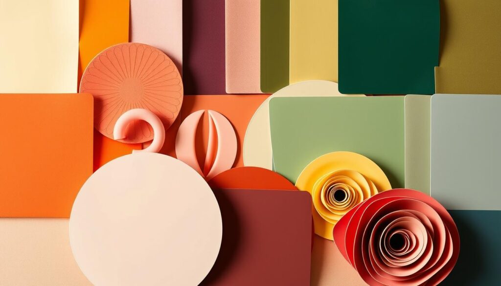 A vibrant collage of popular color palettes for the year 2023, showcasing a harmonious blend of hues that evoke a sense of warmth, sophistication, and timeless elegance. The image depicts an artfully arranged display of color swatches, meticulously curated to inspire and guide the viewer's creative choices. Soft, diffused lighting casts a gentle glow, highlighting the nuances and depth of each color, while a minimalist, clean background allows the palette to take center stage. The overall composition conveys a sense of balance, proportion, and visual appeal, providing a versatile and inspiring foundation for a variety of interior design styles.