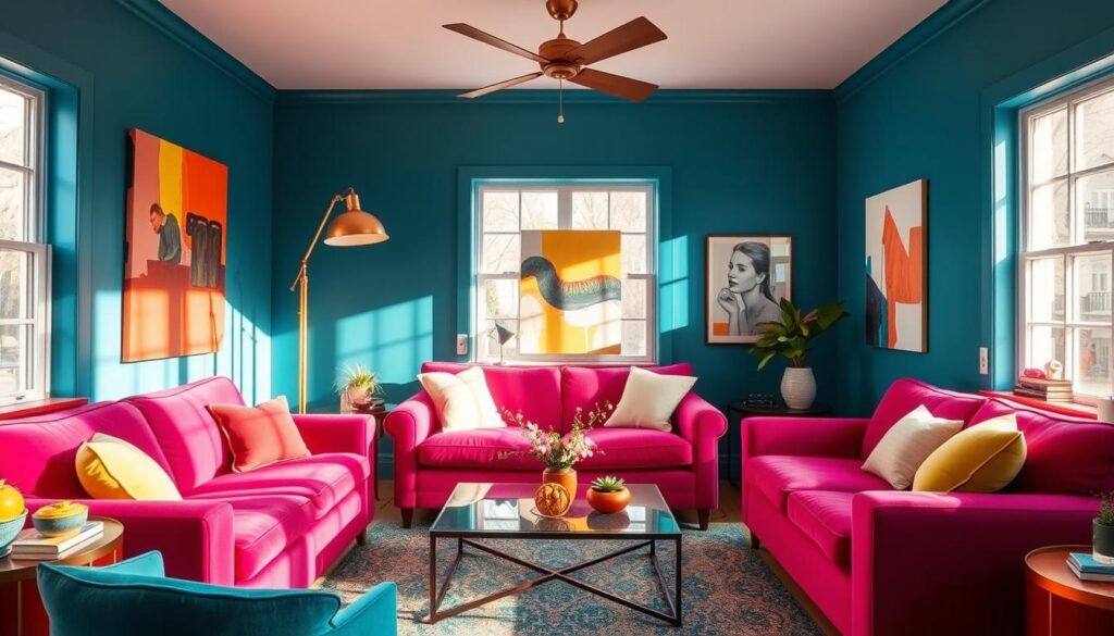 A vibrant, sun-drenched living room featuring bold, saturated paint colors. The walls are painted in a rich, deep teal blue, creating a warm and enveloping atmosphere. Plush, velvet-upholstered furniture in a striking magenta pink hue takes center stage, complemented by a vintage brass floor lamp casting a soft, golden glow. Pops of chartreuse and ochre accents, such as throw pillows and abstract artwork, add dynamic visual interest. The room is flooded with natural light streaming through large windows, illuminating the bold color palette and creating a sense of energy and vibrancy. The overall effect is a small, cozy living space that exudes confidence and a playful, modern aesthetic. A vibrant, sun-drenched living room featuring bold, saturated paint colors. The walls are painted in a rich, deep teal blue, creating a warm and enveloping atmosphere. Plush, velvet-upholstered furniture in a striking magenta pink hue takes center stage, complemented by a vintage brass floor lamp casting a soft, golden glow. Pops of chartreuse and ochre accents, such as throw pillows and abstract artwork, add dynamic visual interest. The room is flooded with natural light streaming through large windows, illuminating the bold color palette and creating a sense of energy and vibrancy. The overall effect is a small, cozy living space that exudes confidence and a playful, modern aesthetic.