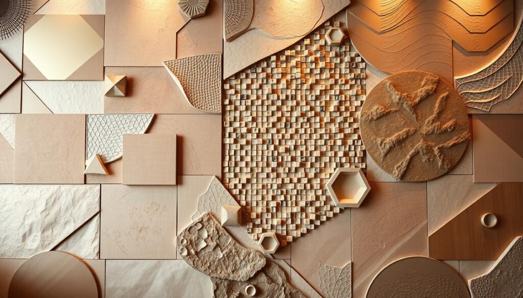 A vibrant, textural wall featuring a harmonious blend of geometric patterns, abstract shapes, and organic textures. The foreground showcases a mesmerizing interplay of muted tones, with subtle hints of metallic accents that catch the light. The middle ground presents an intricate mosaic-like arrangement, creating a sense of depth and visual interest. In the background, a soft, diffused lighting illuminates the wall, casting gentle shadows and highlighting the dimensional qualities of the various treatments. The overall atmosphere is one of artful sophistication, inviting the viewer to explore the nuances of the creative wall. A vibrant, textural wall featuring a harmonious blend of geometric patterns, abstract shapes, and organic textures. The foreground showcases a mesmerizing interplay of muted tones, with subtle hints of metallic accents that catch the light. The middle ground presents an intricate mosaic-like arrangement, creating a sense of depth and visual interest. In the background, a soft, diffused lighting illuminates the wall, casting gentle shadows and highlighting the dimensional qualities of the various treatments. The overall atmosphere is one of artful sophistication, inviting the viewer to explore the nuances of the creative wall.