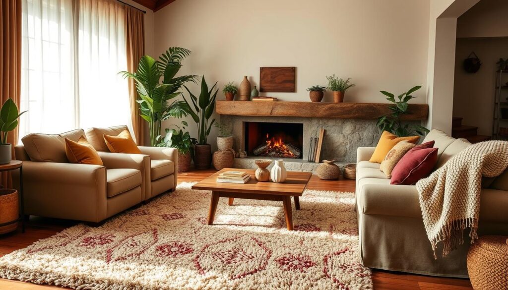 A warm and cozy living room with plush, textured rugs underfoot. Soft light filters through sheer curtains, casting a gentle glow across the space. Oversized, inviting armchairs and a deep, comfortable sofa are arranged around a low coffee table, creating an intimate conversation area. Accent pillows in rich, earthy tones and a fluffy throw blanket add layers of texture and depth. Potted plants and a crackling fireplace in the background complete the scene, evoking a sense of comfort and relaxation. A warm and cozy living room with plush, textured rugs underfoot. Soft light filters through sheer curtains, casting a gentle glow across the space. Oversized, inviting armchairs and a deep, comfortable sofa are arranged around a low coffee table, creating an intimate conversation area. Accent pillows in rich, earthy tones and a fluffy throw blanket add layers of texture and depth. Potted plants and a crackling fireplace in the background complete the scene, evoking a sense of comfort and relaxation.