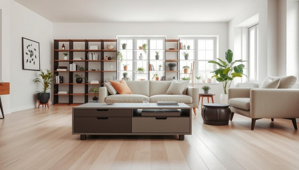 A well-lit, airy living room with a minimalist, Scandinavian-inspired aesthetic. In the foreground, a sleek, multifunctional coffee table with storage compartments and a subtle geometric design. Arranged around it, a comfortable sofa and armchair in neutral tones, inviting relaxation. In the middle ground, a modular shelving unit displaying books, plants, and decorative accessories, maximizing vertical space. The background features large windows, allowing natural light to flood the space and highlighting the pale hardwood floors. The overall mood is one of calm, functionality, and understated elegance. A well-lit, airy living room with a minimalist, Scandinavian-inspired aesthetic. In the foreground, a sleek, multifunctional coffee table with storage compartments and a subtle geometric design. Arranged around it, a comfortable sofa and armchair in neutral tones, inviting relaxation. In the middle ground, a modular shelving unit displaying books, plants, and decorative accessories, maximizing vertical space. The background features large windows, allowing natural light to flood the space and highlighting the pale hardwood floors. The overall mood is one of calm, functionality, and understated elegance.